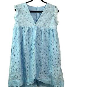 Blue Eyelet Lace Ruffle Sleeve V-Neck Dress With Lining  Short & Back Zipper Clo